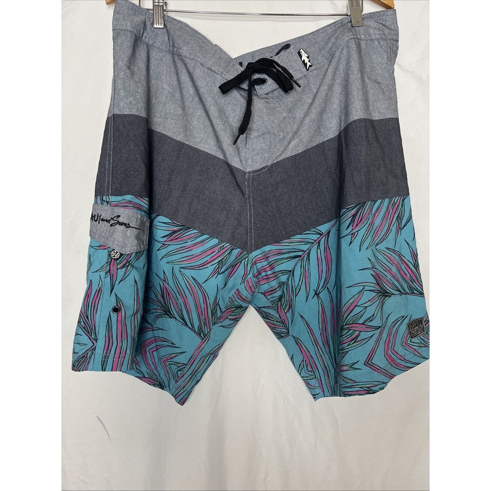 Maui and Sons Grey and Turqoise palm print swim/Surf Trunks, Men size 38